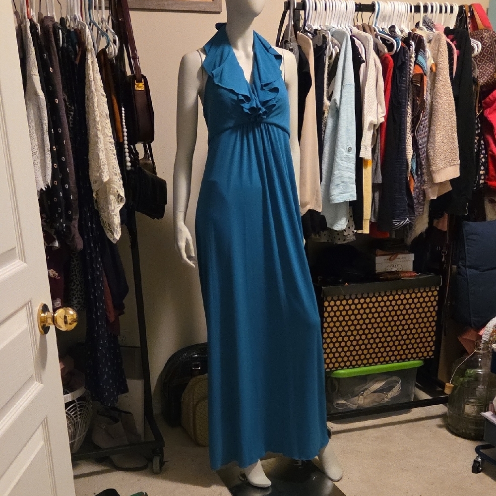 Amsale Teal Blue Sleeveless Halter Ruffle Maxi Sundress